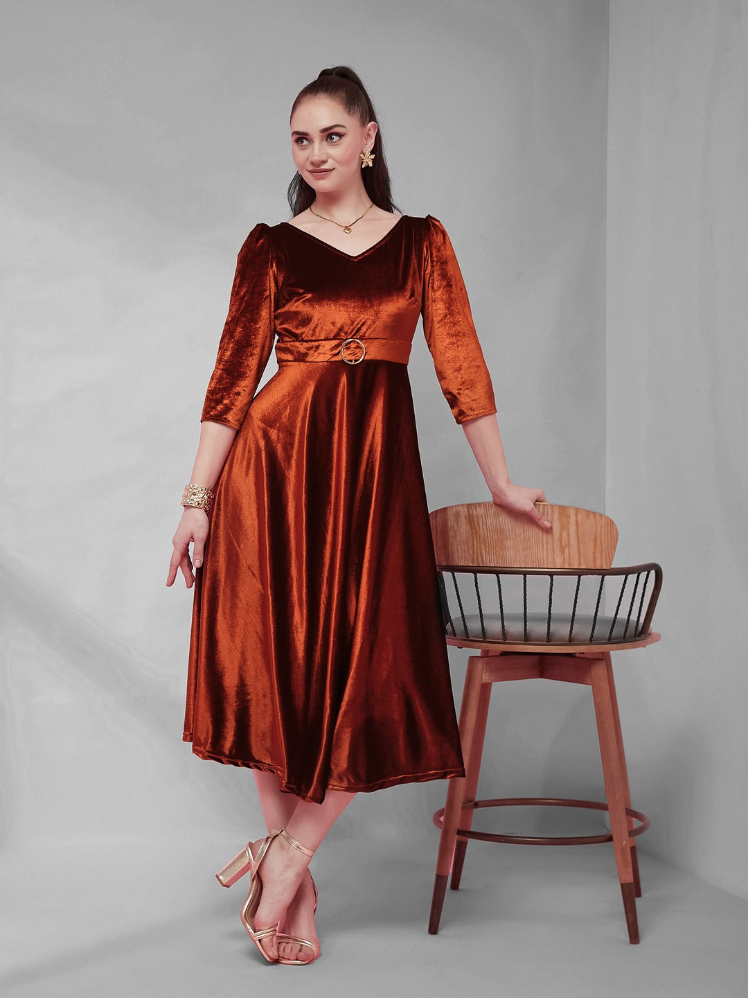 Rust V-Neck Three-Quarter Sleeve Solid Fit & Flare Midi Velvet Dress for Women