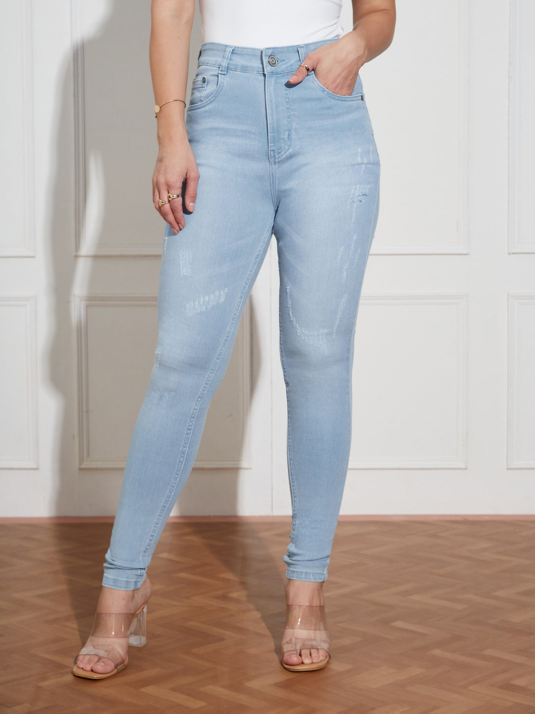 Women's Light Blue Skinny High Rise Mild Distress Regular Stretchable Denim Jeans