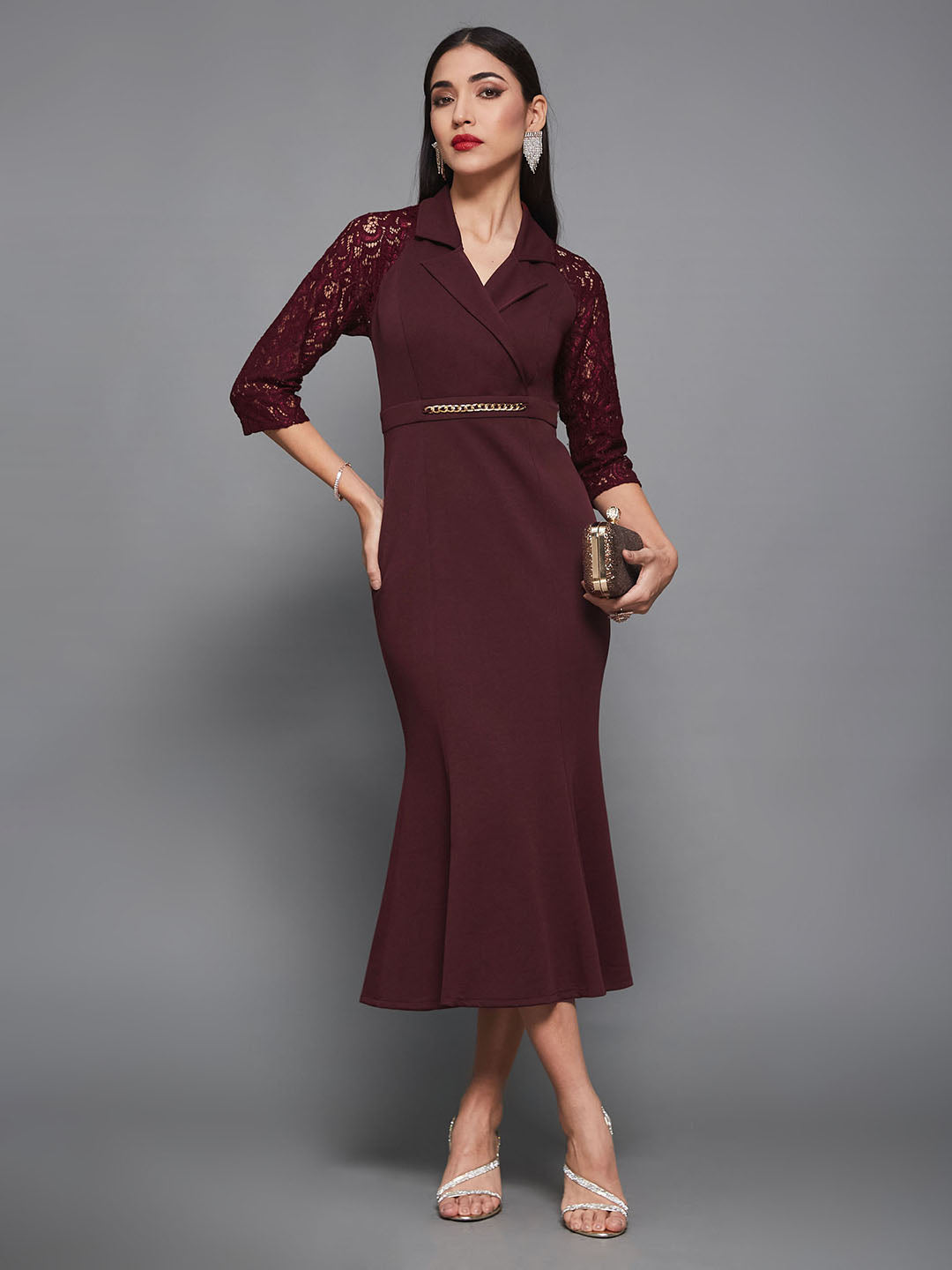 Women's Wine Notched Collar Three-Quarter Sleeve Self-Designed Bodycon Midi Dress