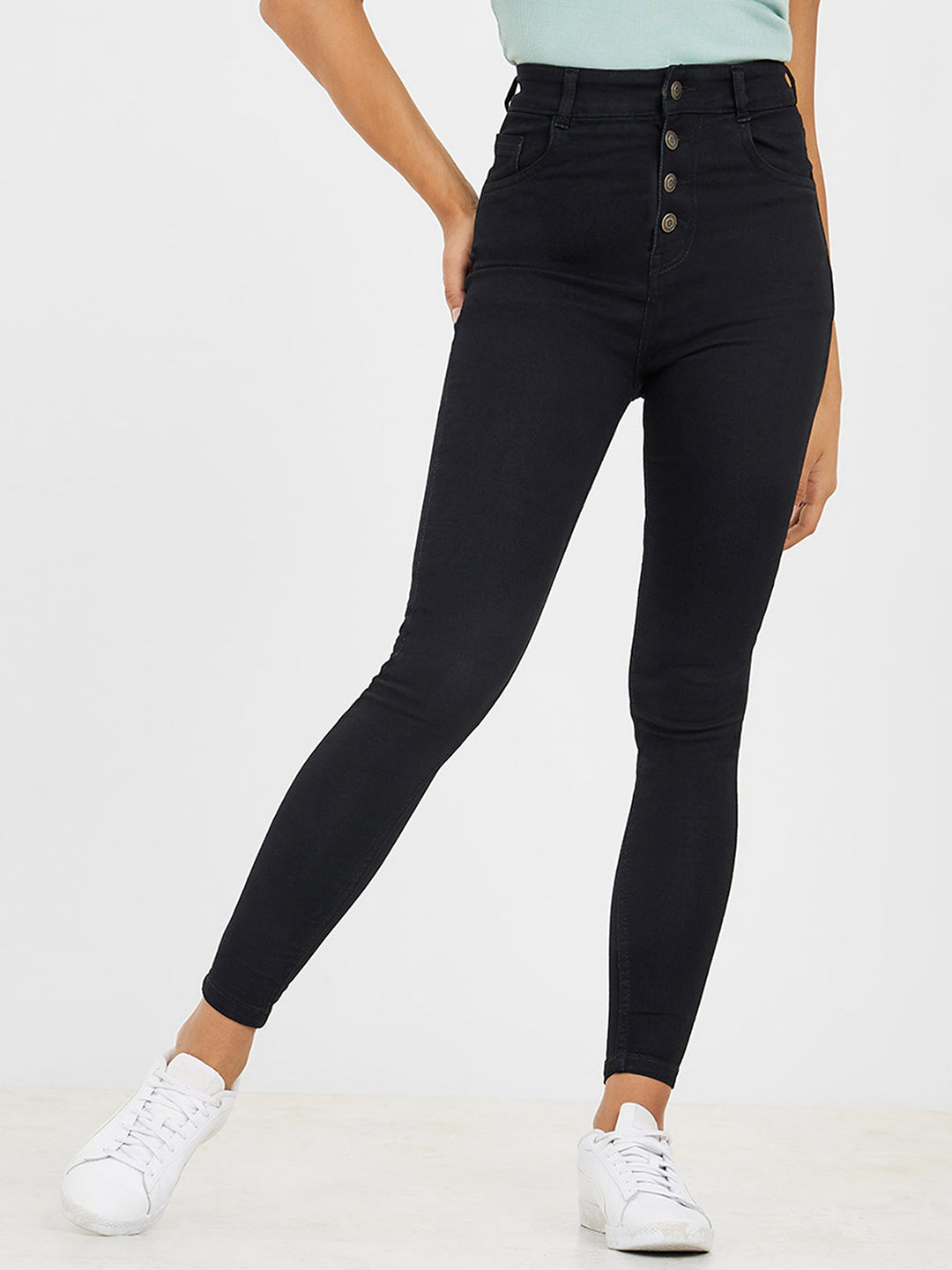 Women's Navy Blue Flared High Rise Regular Stretchable Denim Jumpsuit