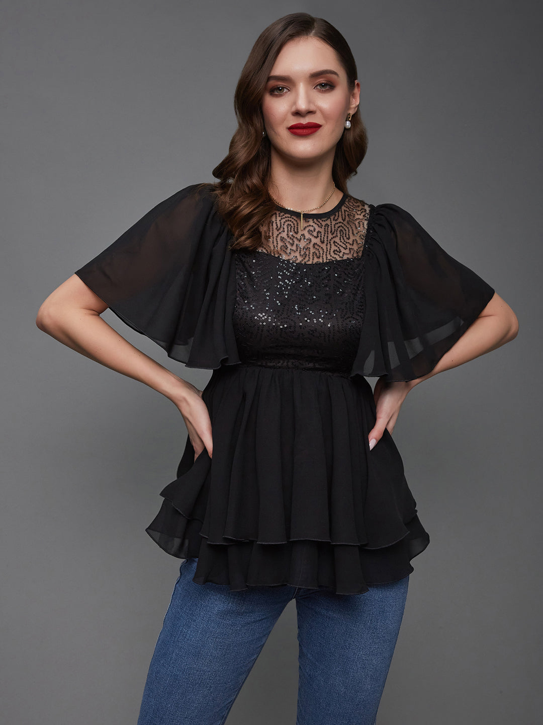 Women's Black Embellished Round Neck Flared Sleeves Georgette Layered Regular Length Top