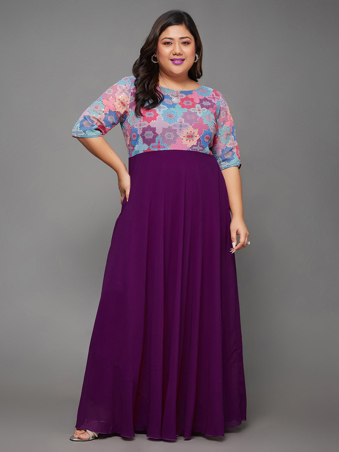 Women's Multicolored-Base-Dark Purple Boat Neck Half Sleeve Geometric Fit & Flare Georgette Maxi Dress