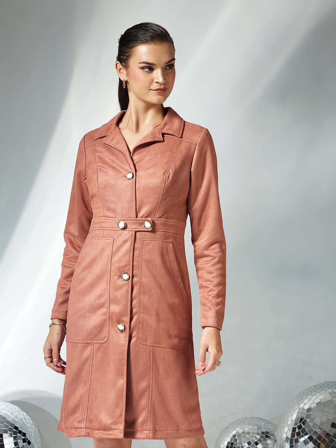 Dusty Peach Shirt-Collar Full Sleeves Solid Button-down Longline Polyester Jacket for Women