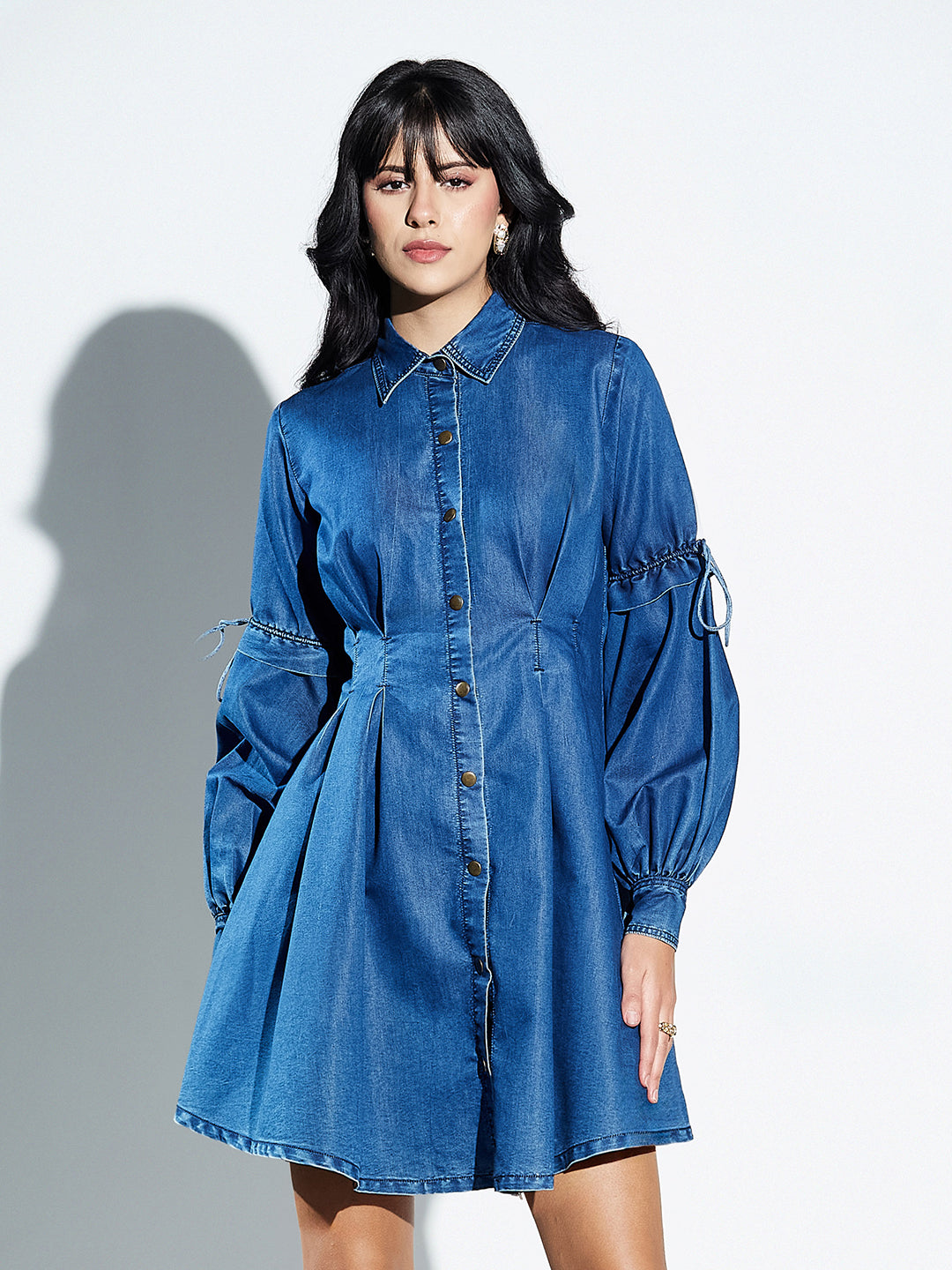 Navy Blue Pleated Denim Shirt Dress with Bishop Sleeves for Women