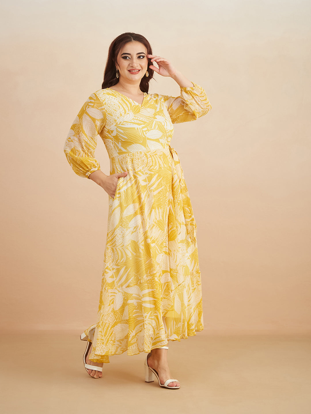 Yellow & White V neck Full sleeve Floral Layered Maxi Dress for Women