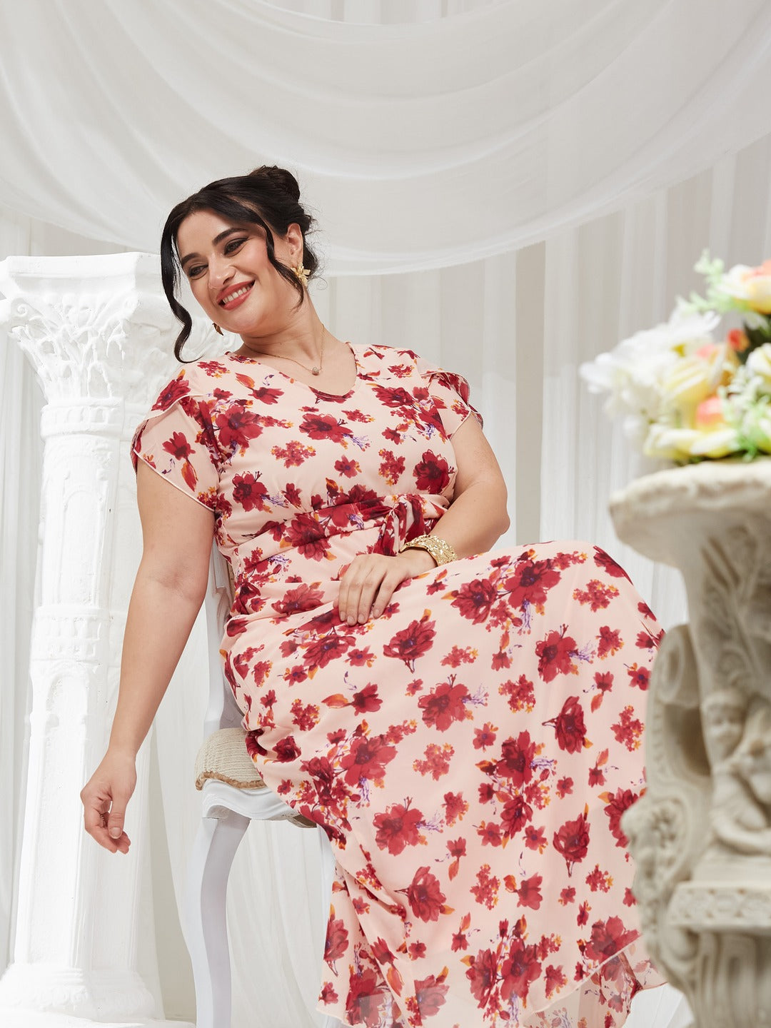 Light Pink V-Neck Short Sleeve Floral Pleated Midi Dress for Women
