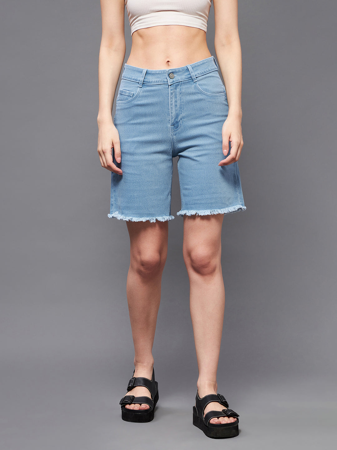 Women's Light Blue Regular High Rise Clean Look Above Knee Stretchable Denim Shorts