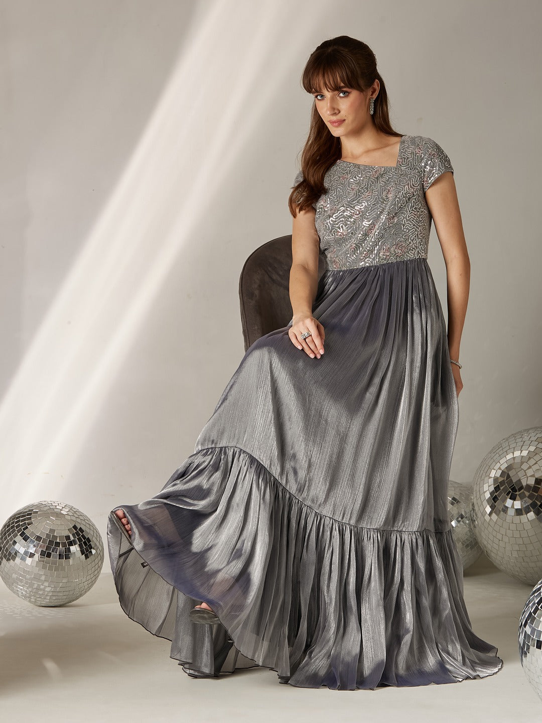 Silver Asymmetric Short Sleeve Embellished Tiered Chiffon Maxi Dress for Women