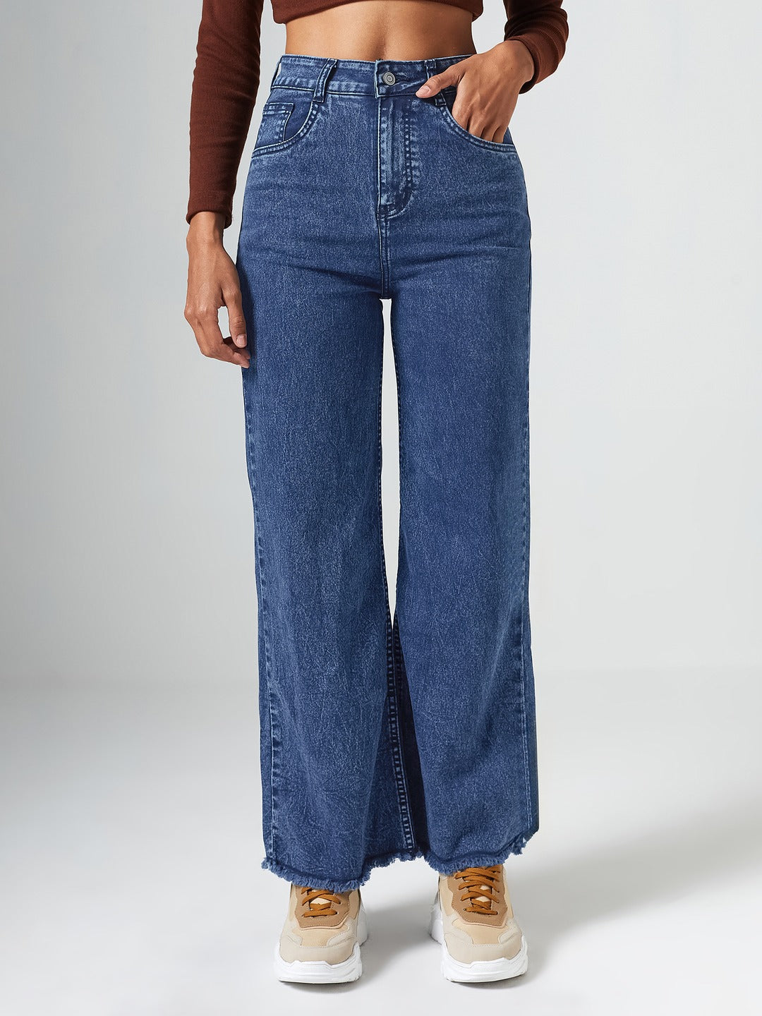 Navy-Blue Wide-Leg High Rise Regular-Length Stretchable Denim Jeans for Women