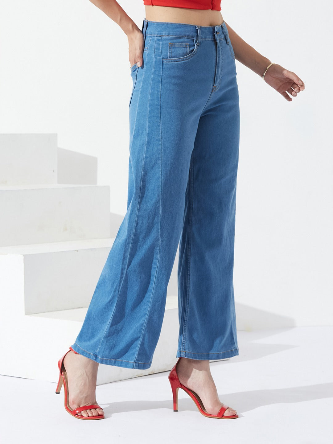 Mid Blue Wide Leg high-rise Curved Panel Stretchable Denim Jeans for Women