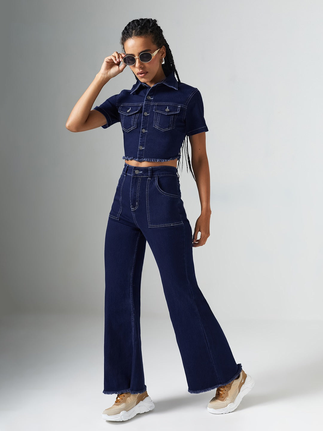Navy Blue Bootcut High-Rise Clean-Look Cropped Top, Regular Bottom Stretchable Denim Co-Ord Set for Women