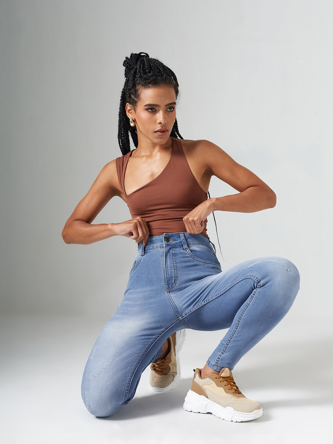 Blue High-Rise Mildly-Distressed Regular-Length Stretchable Denim Skinny Jeans for Women