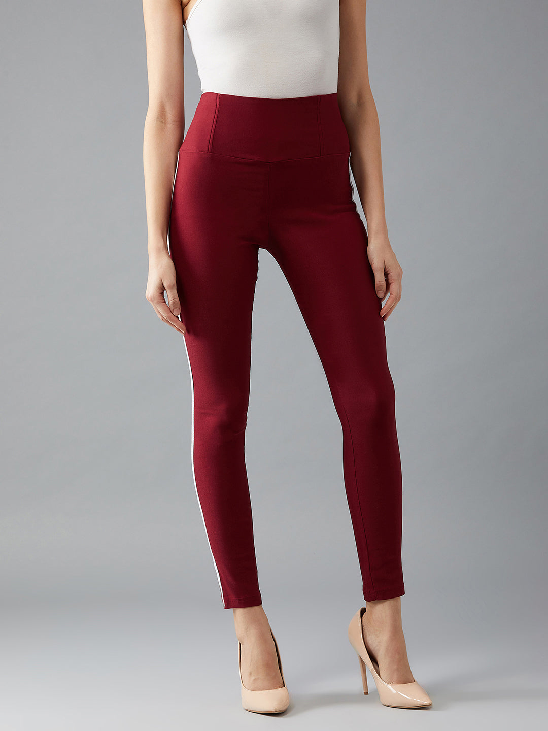 Women's Maroon Knitted Solid White Twill Tape Detailing Skinny High Waist Regular Length Treggings