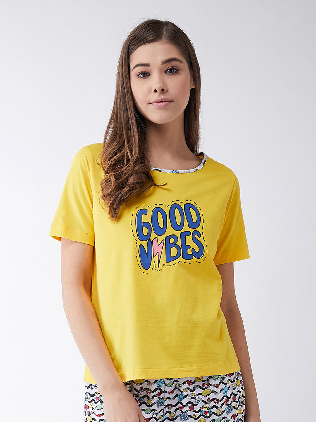 Women's Yellow Round Neck Short Sleeves Printed Regular length T-shirt