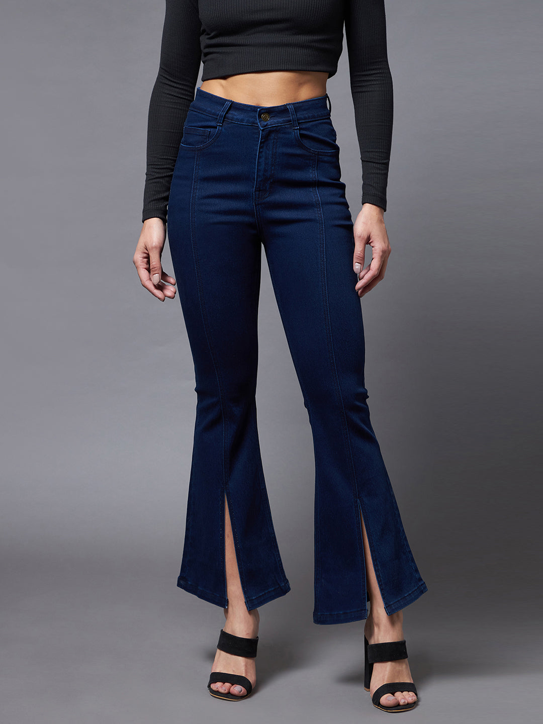 24/7 Comfort Women's Navy Blue Bell Bottom Bootcut Hourglass High rise Stretchable Timeless Denim Slit Jeans