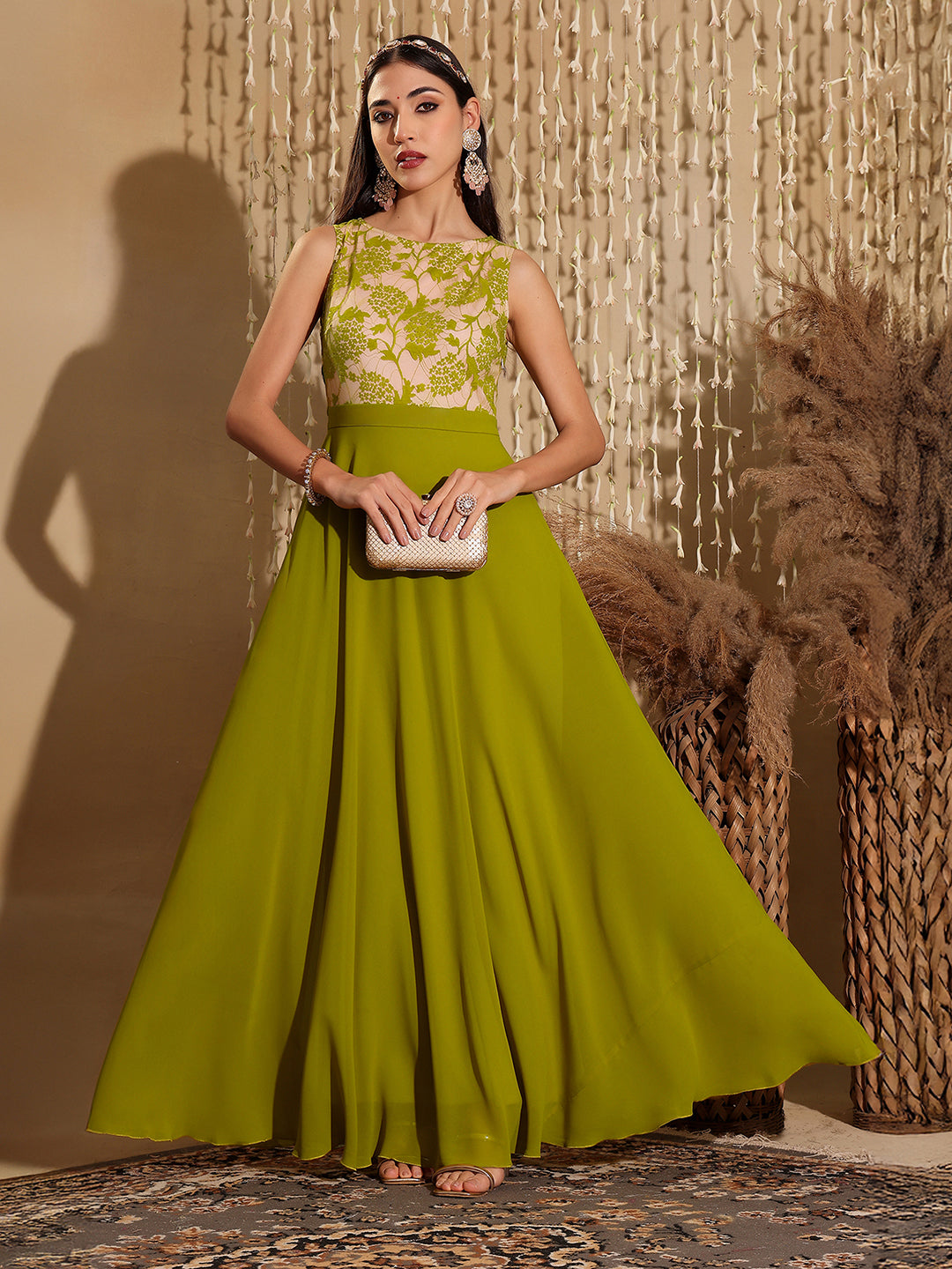 Women's Lemon Green Round Neck Sleeveless Georgette Floral Lace Fit & Flare Maxi Dress