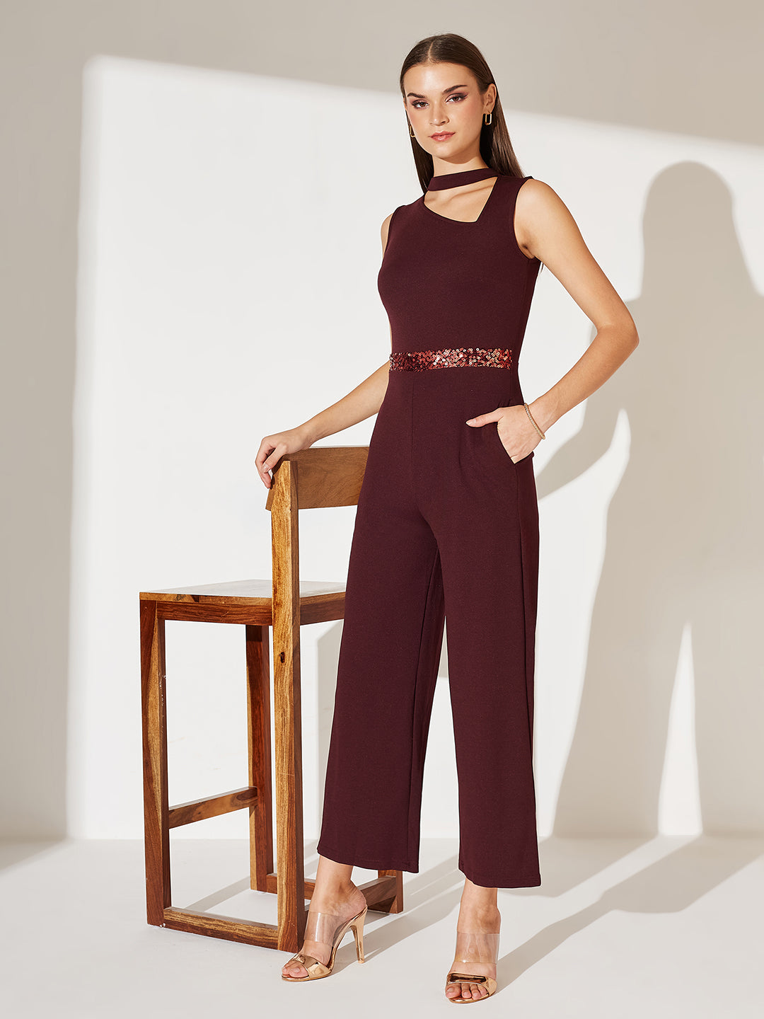 Women's Wine Collared Sleeveless Solid Asymmetric Neck Cut-Out  Jumpsuit
