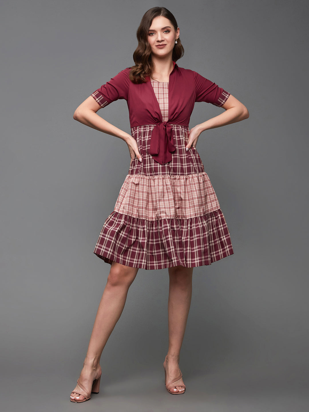 Women's Multicolored-Base-Maroon Checkered Shirt Collar Cuffed Sleeves Polyester Tiered Above-Knee Dress