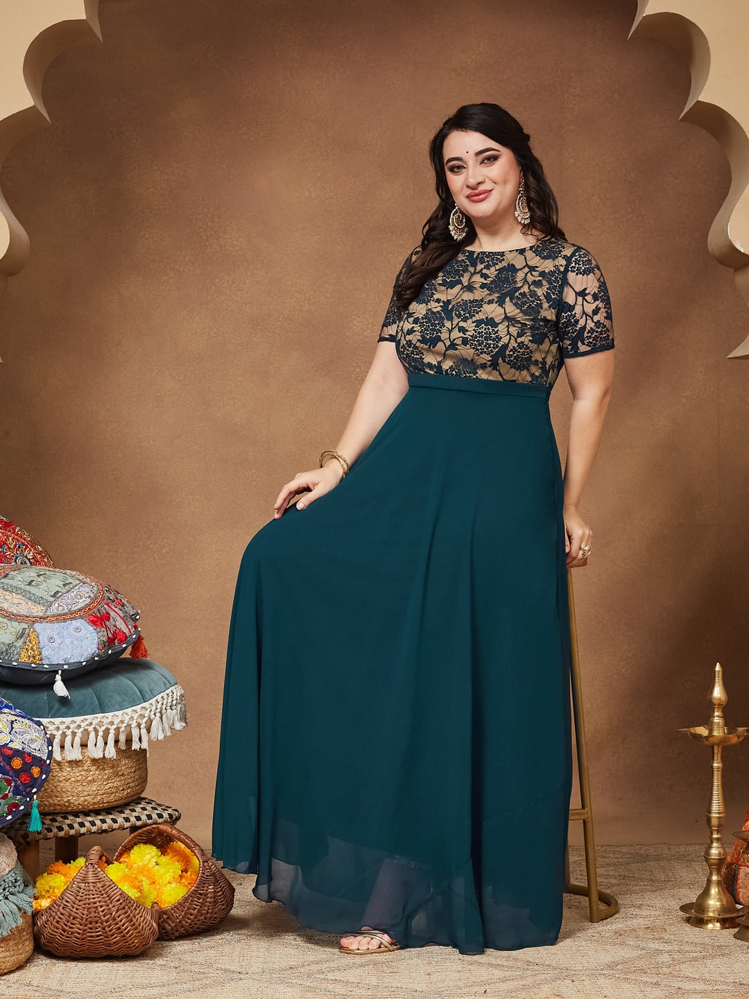 Teal Round Neck Half Sleeve Self Design Fit & Flare Georgette Maxi Dress for Women