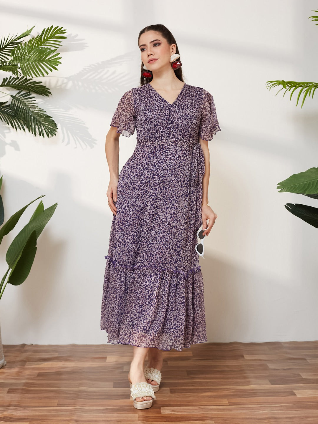 Purple V Neck Flared Sleeve Floral Wrap Chiffon Maxi Dress for Women