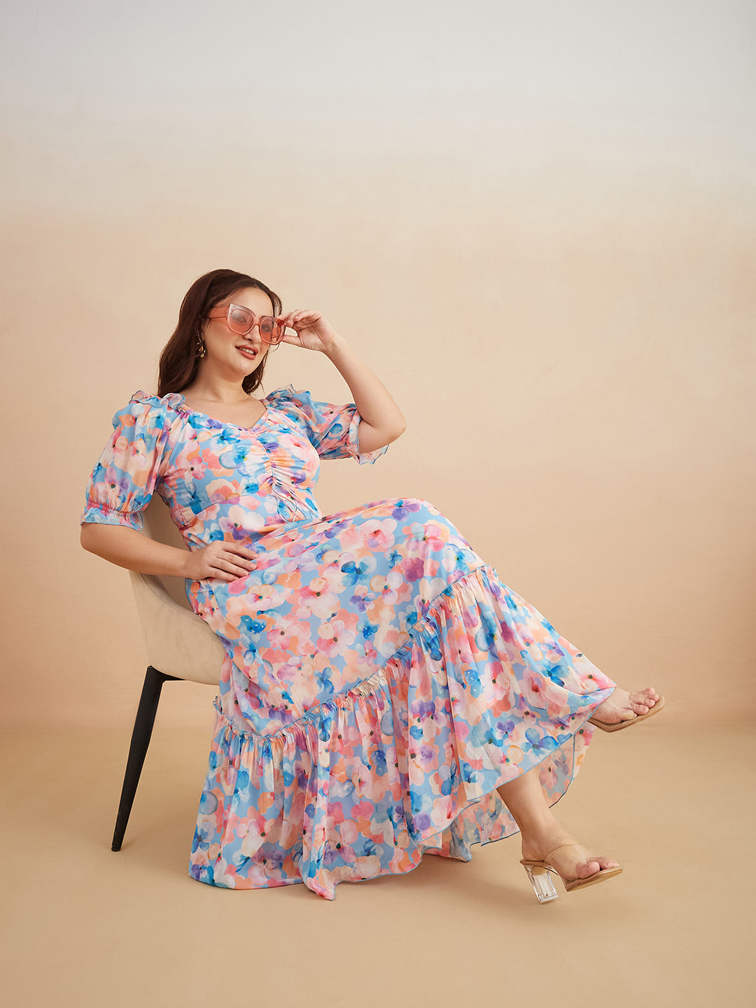 Multicolored-Base-Sky Blue V-Neck Puff Sleeve Floral Ruching Ankle-Length Dress for Women