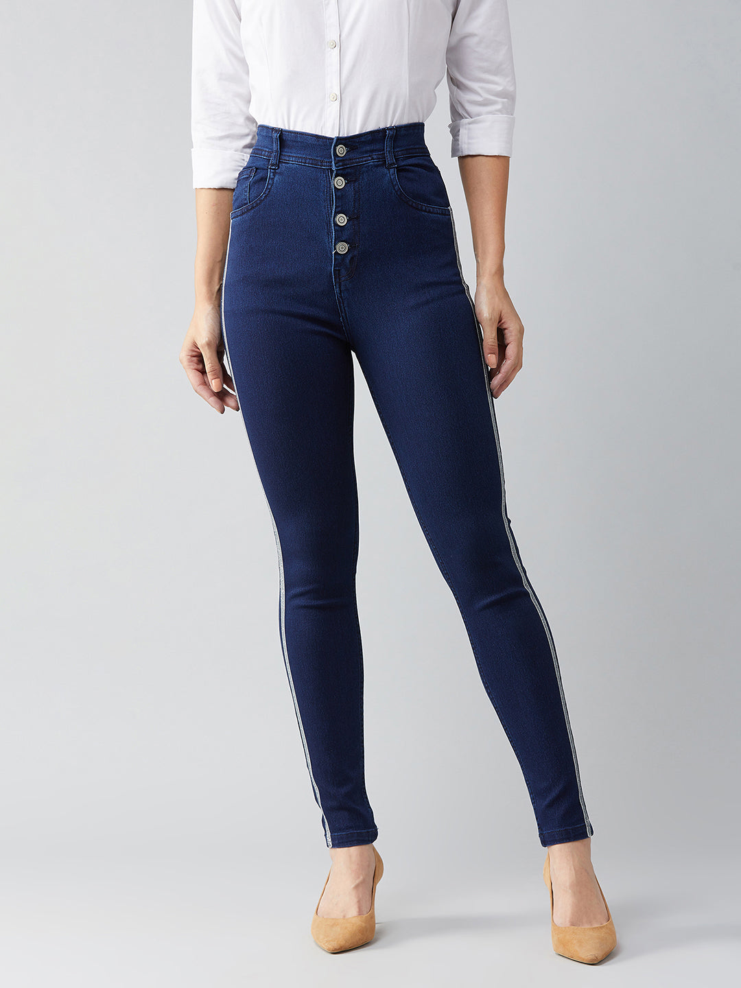 Women's Navy Blue Cotton Skinny Fit Relaxed High Rise Regular Length Stretchable Denim Jeans