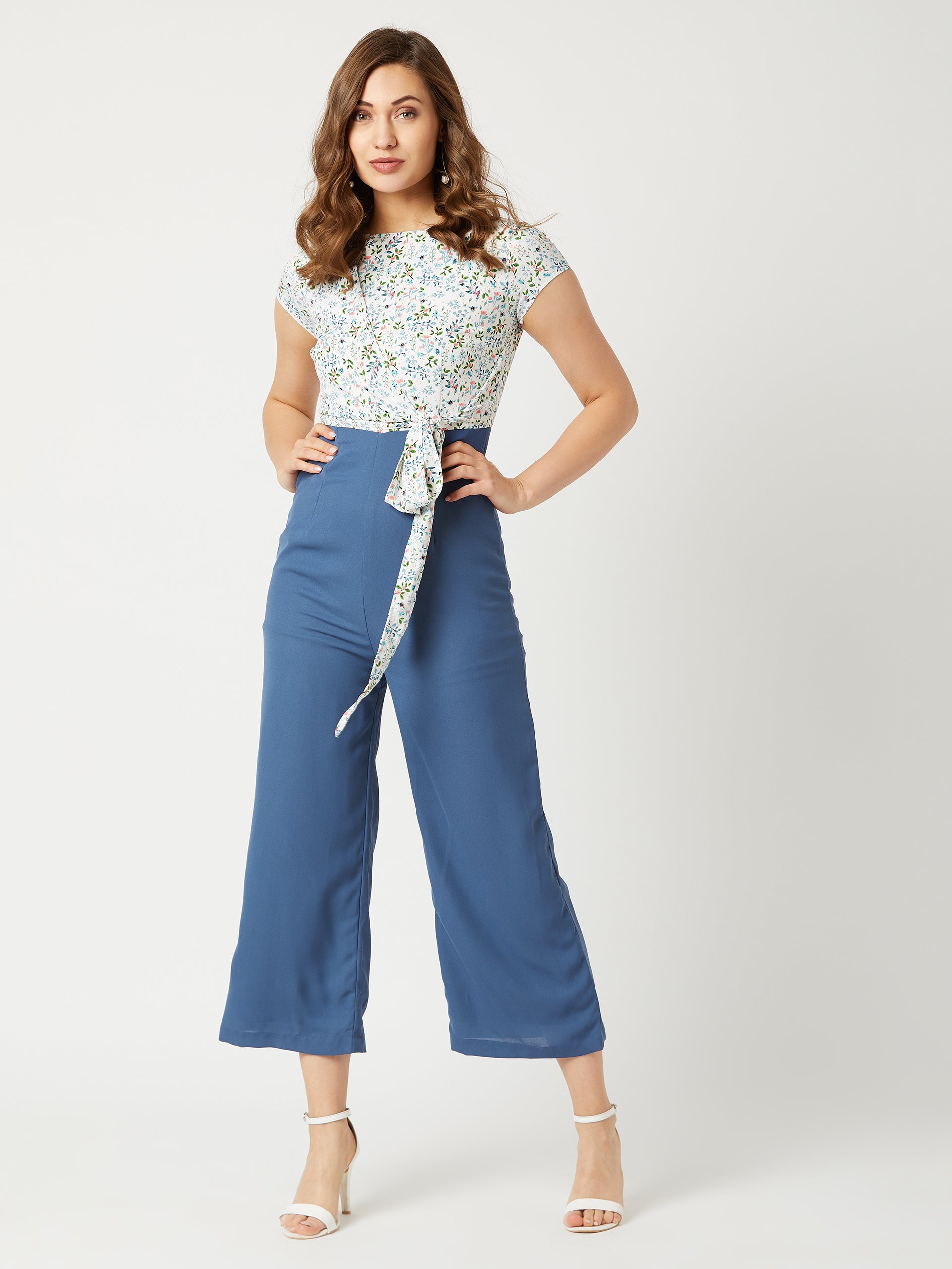 Women's Multicolored-Base-Azure Blue Round Neck Short Sleeves Floral Waist Tie-Up Regular Length Jumpsuit