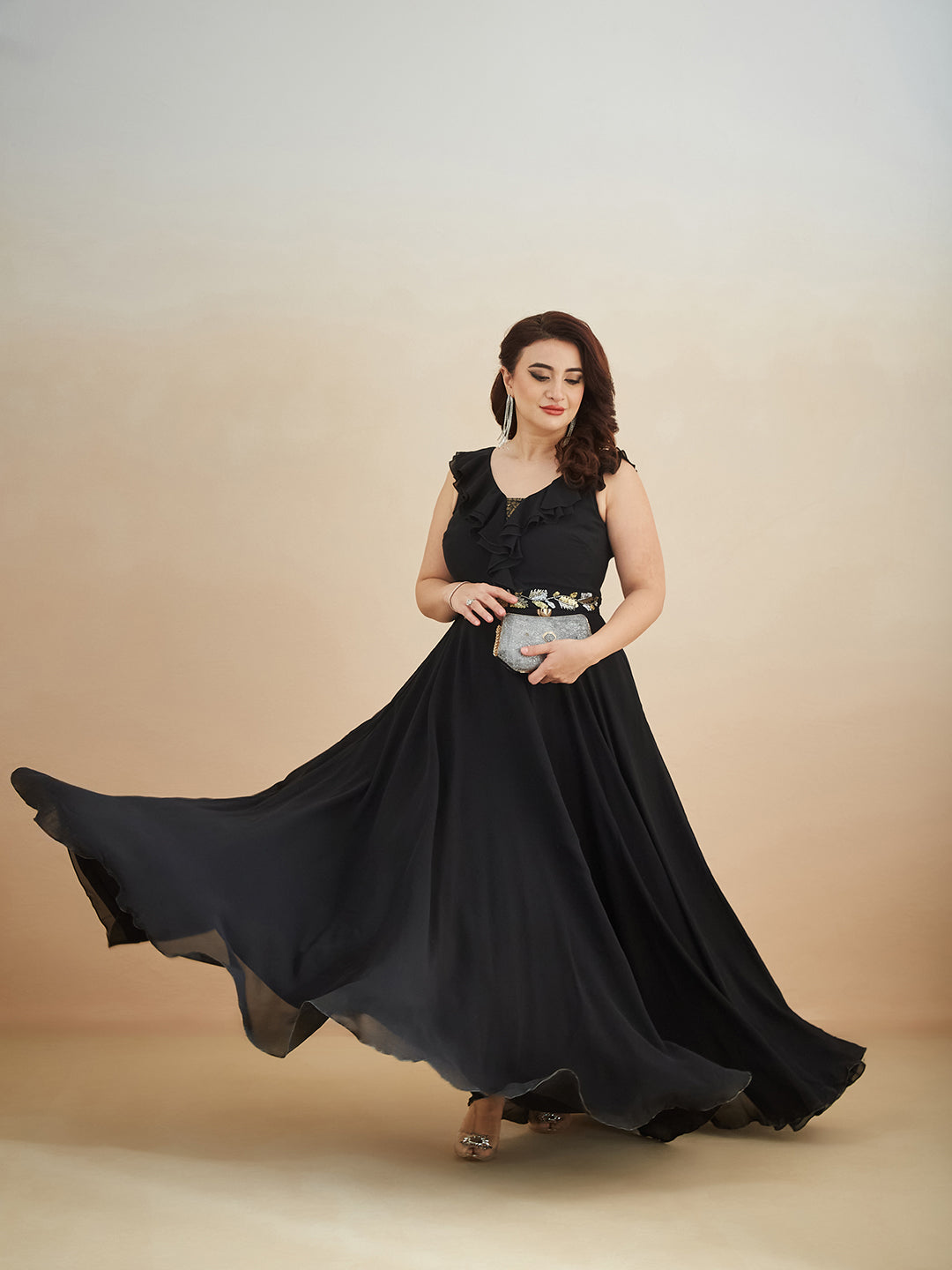 Black Sleeveless Embroidered Ruffled Georgette Maxi Dress for Women