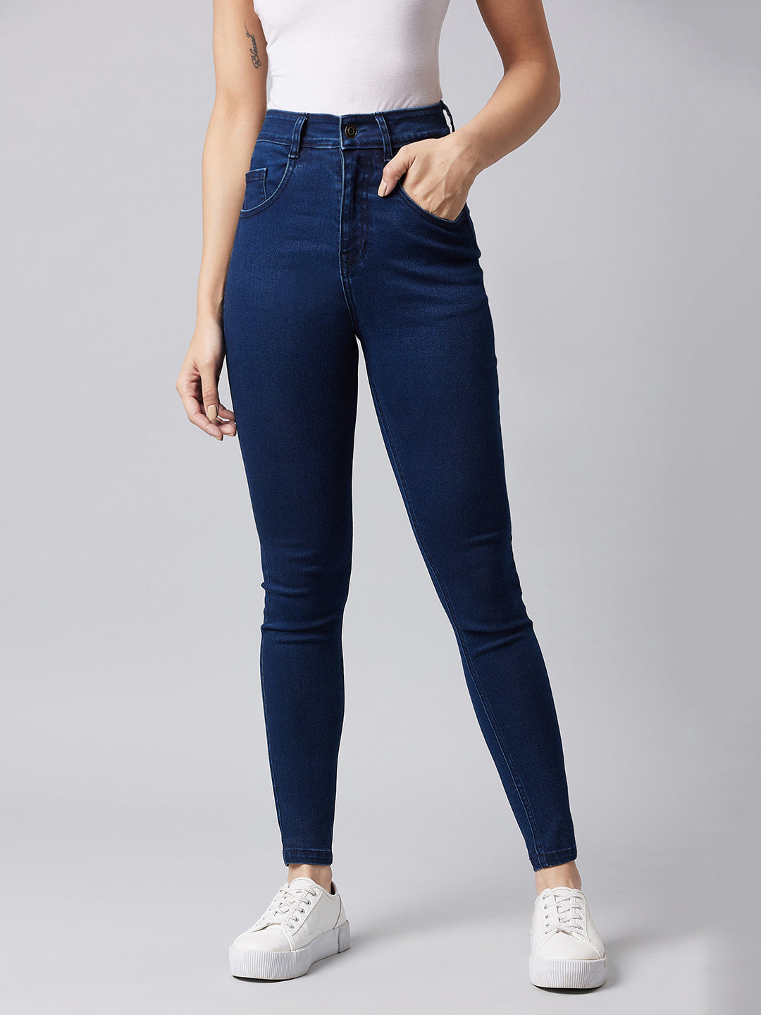 Women's Navy Blue Skinny High Rise Clean Look Regular Stretchable Denim Jeans