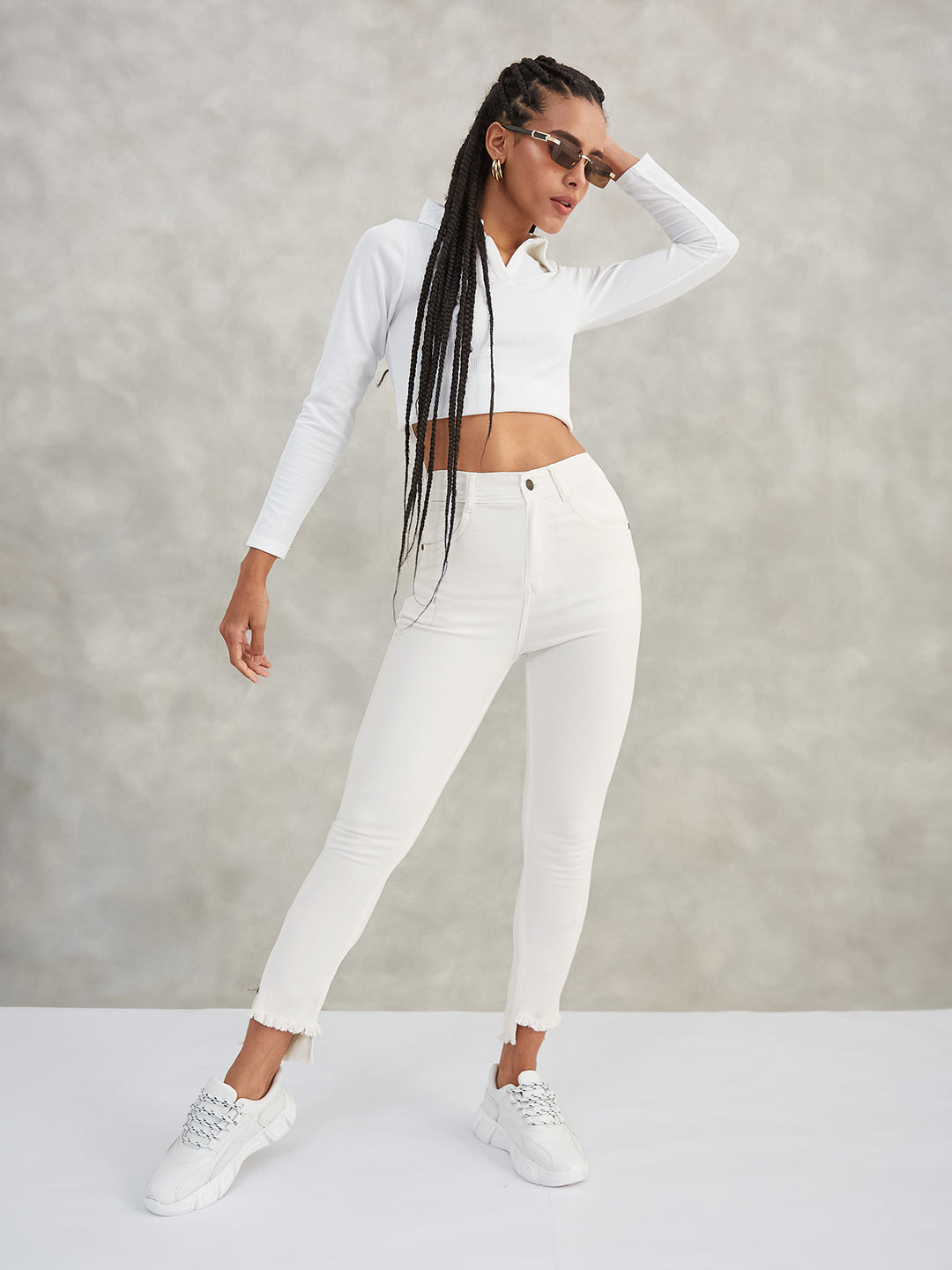 Women's White Skinny High-Rise Side-Slit Raw-Edge-Detailing Cropped Stretchable Denim Jeans