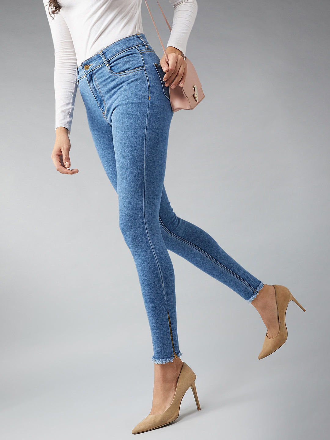 Women's Blue Skinny High Rise Clean Look Fringe And Side Zipper Detailing Cropped Denim Jeans