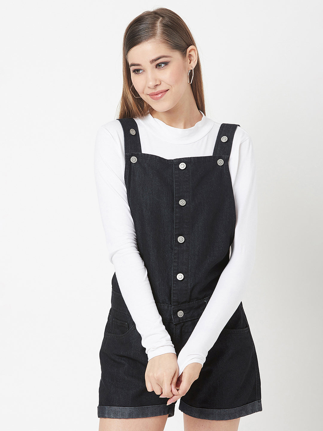 Women's Black Non-Stretchable Solid Mid Rise Regular Length Denim Dungarees