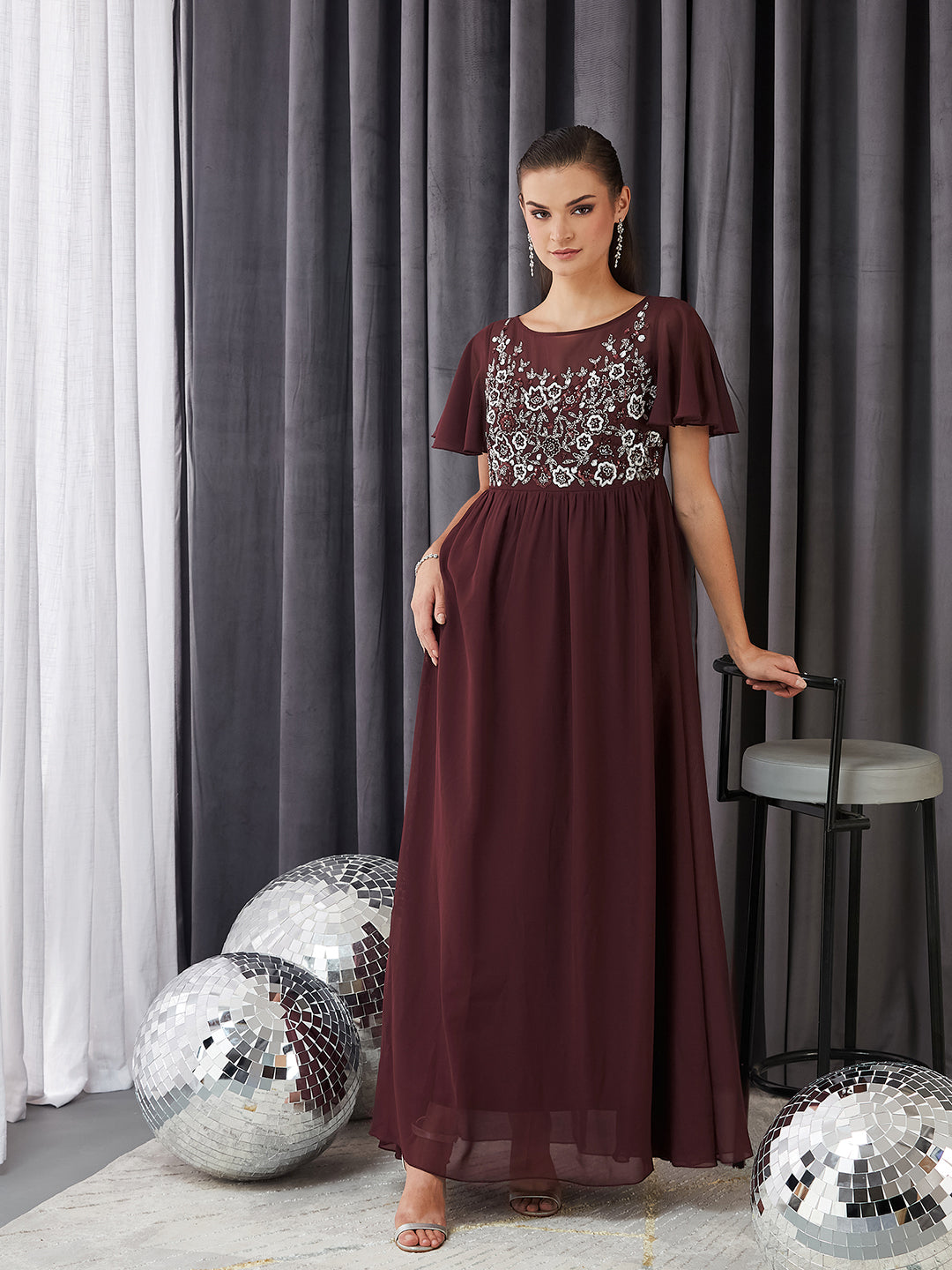 Women's Wine Boat Neck Half Sleeve Solid Embellished Georgette Maxi Dress