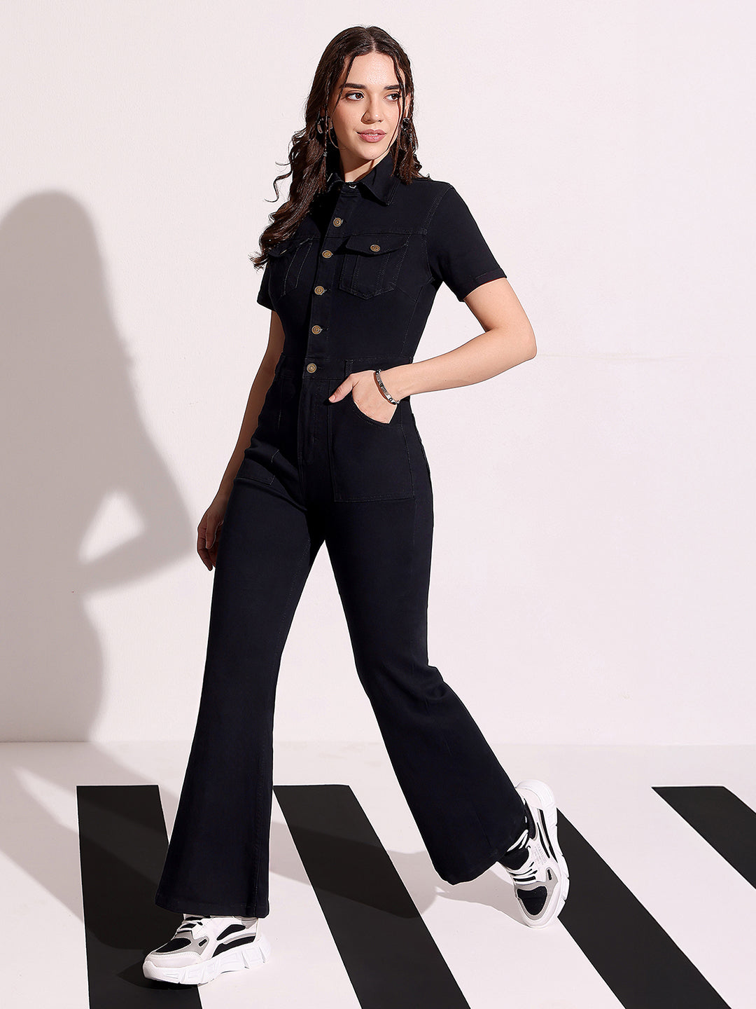 Women's Black Flared High Rise Regular Stretchable Denim Jumpsuit