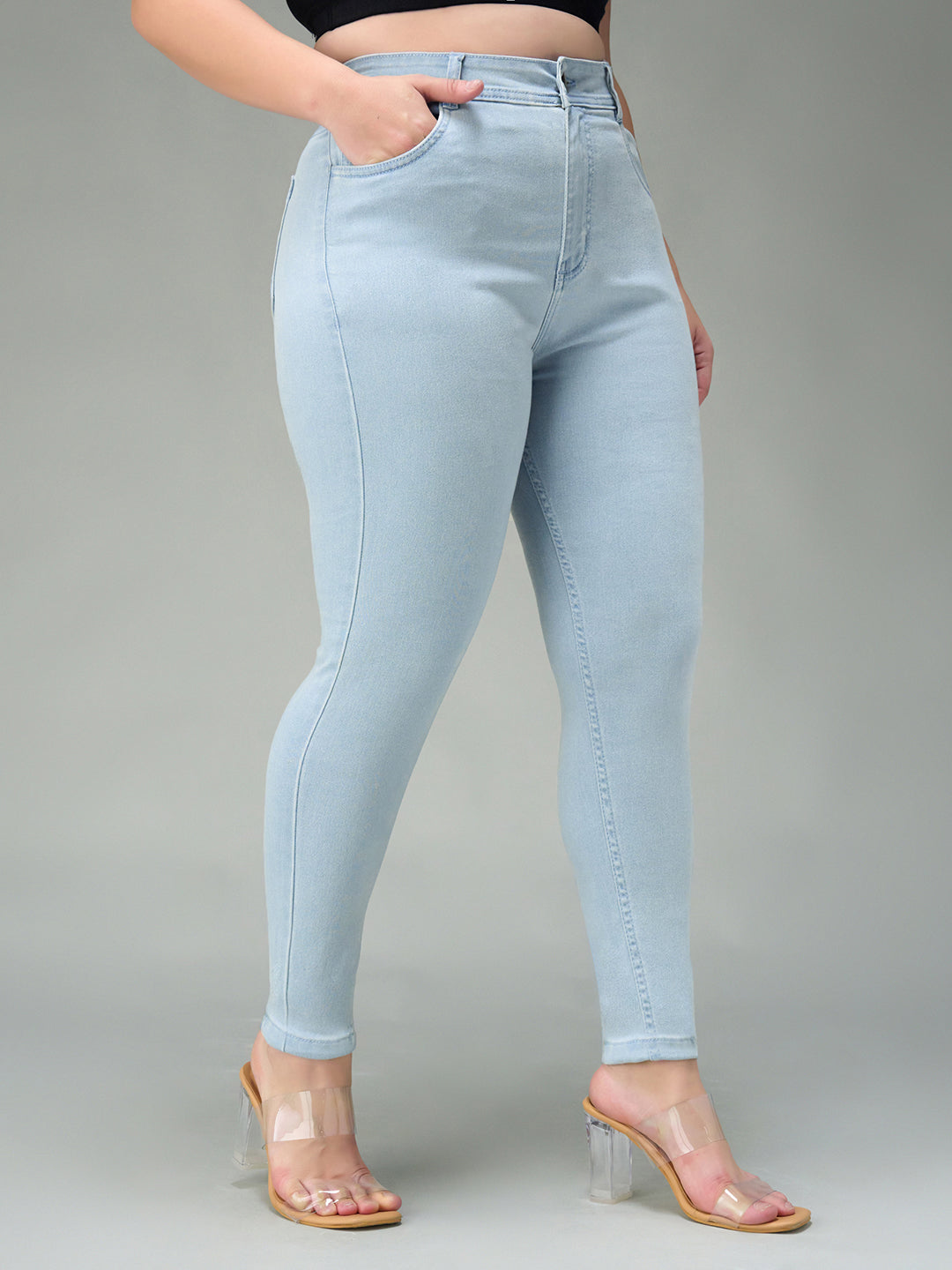 Women's Light Blue Skinny High Rise Distressed Regular Length Ice Wash Denim Jeans