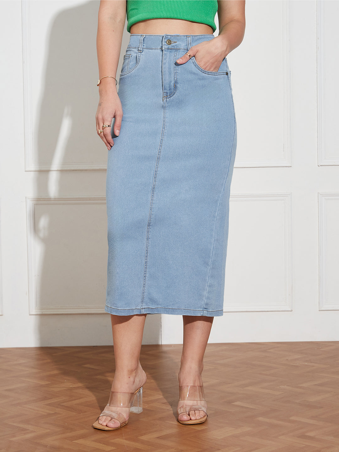 Women's Light Blue Straight High Rise Clean Look Midi Stretchable Denim Denim Skirt