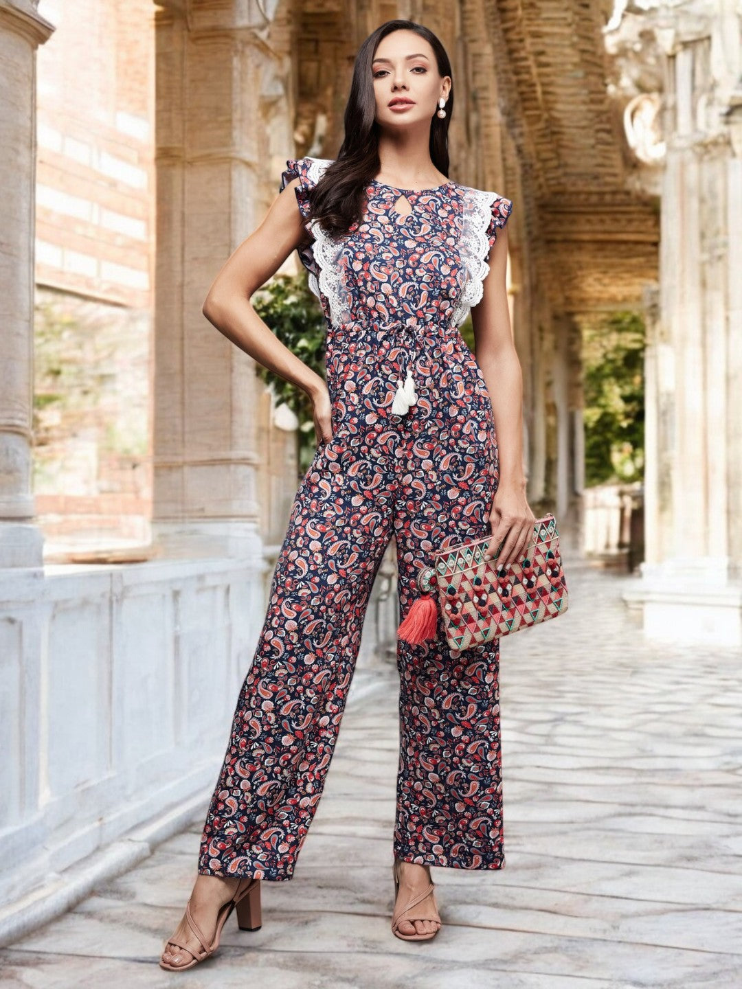 Women's Multicolored-Base-Navy Key-Hole Neck Frilled Bohemian-Styled Frilled Regular-Length Viscose-Rayon Jumpsuit