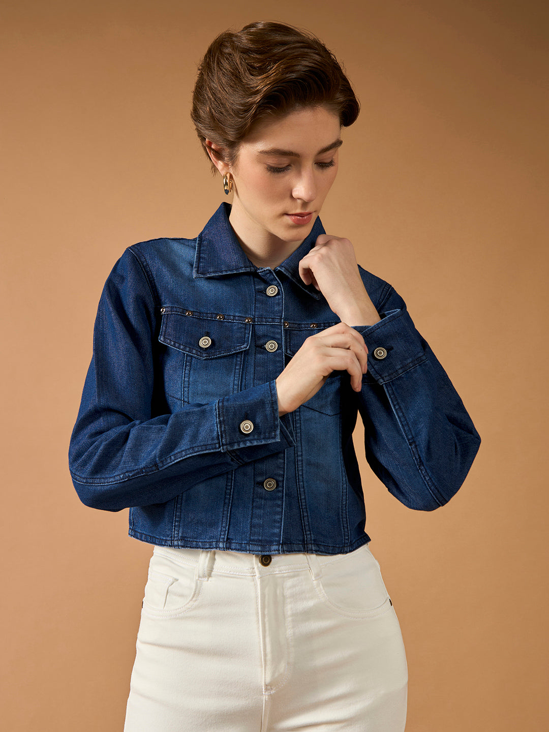 Women's Navy Blue Solid Polo Neck Full Sleeves Buttoned Denim Embellished Cropped Jacket