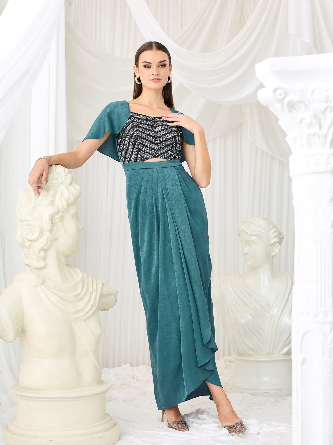 Teal Sweetheart Cape Embellished Draped Satin Maxi Dress for Women
