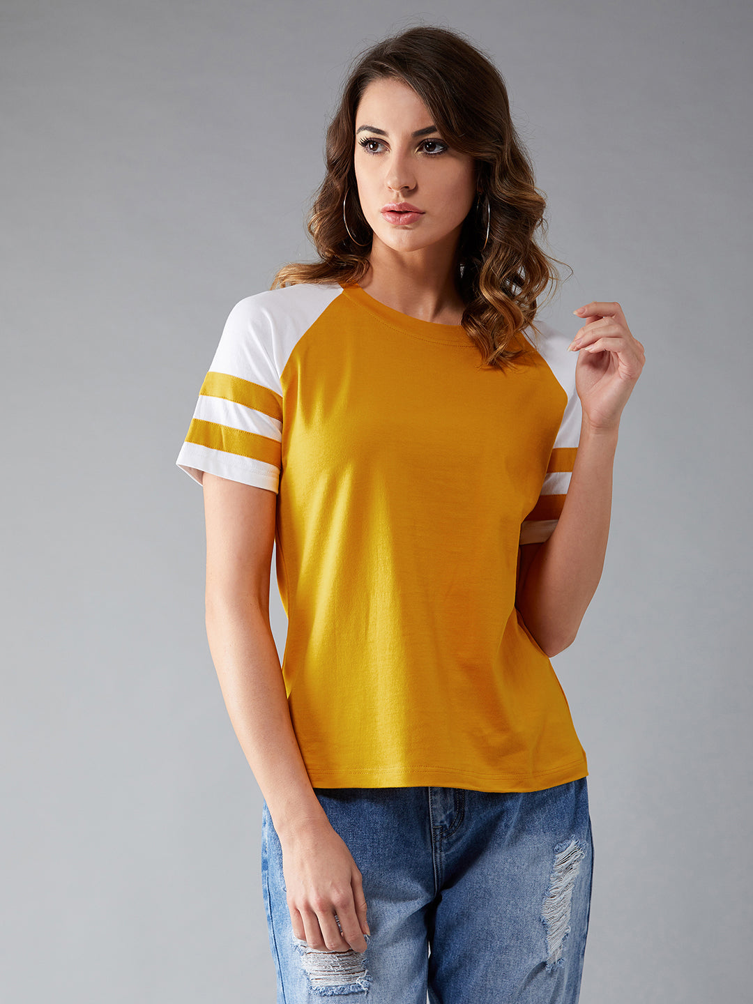 Women's Mustard and white Round Neck Short Sleeve Solid Basic Regular T-Shirt