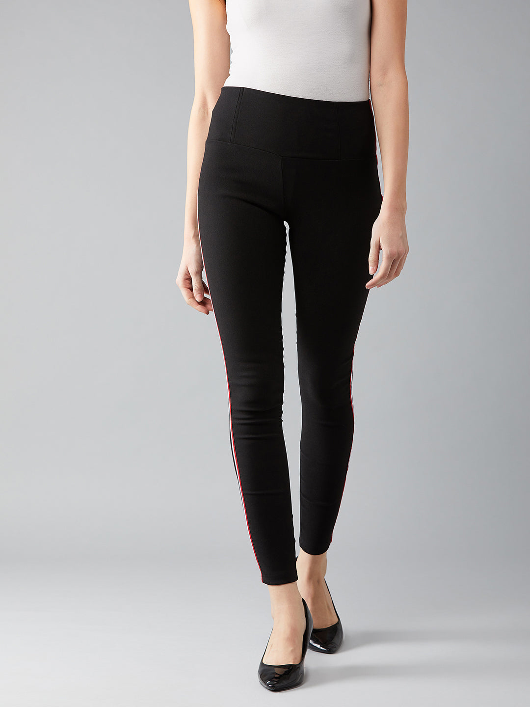 Women's Black Solid Skinny Regular Length Twill Tape Detailing Treggings