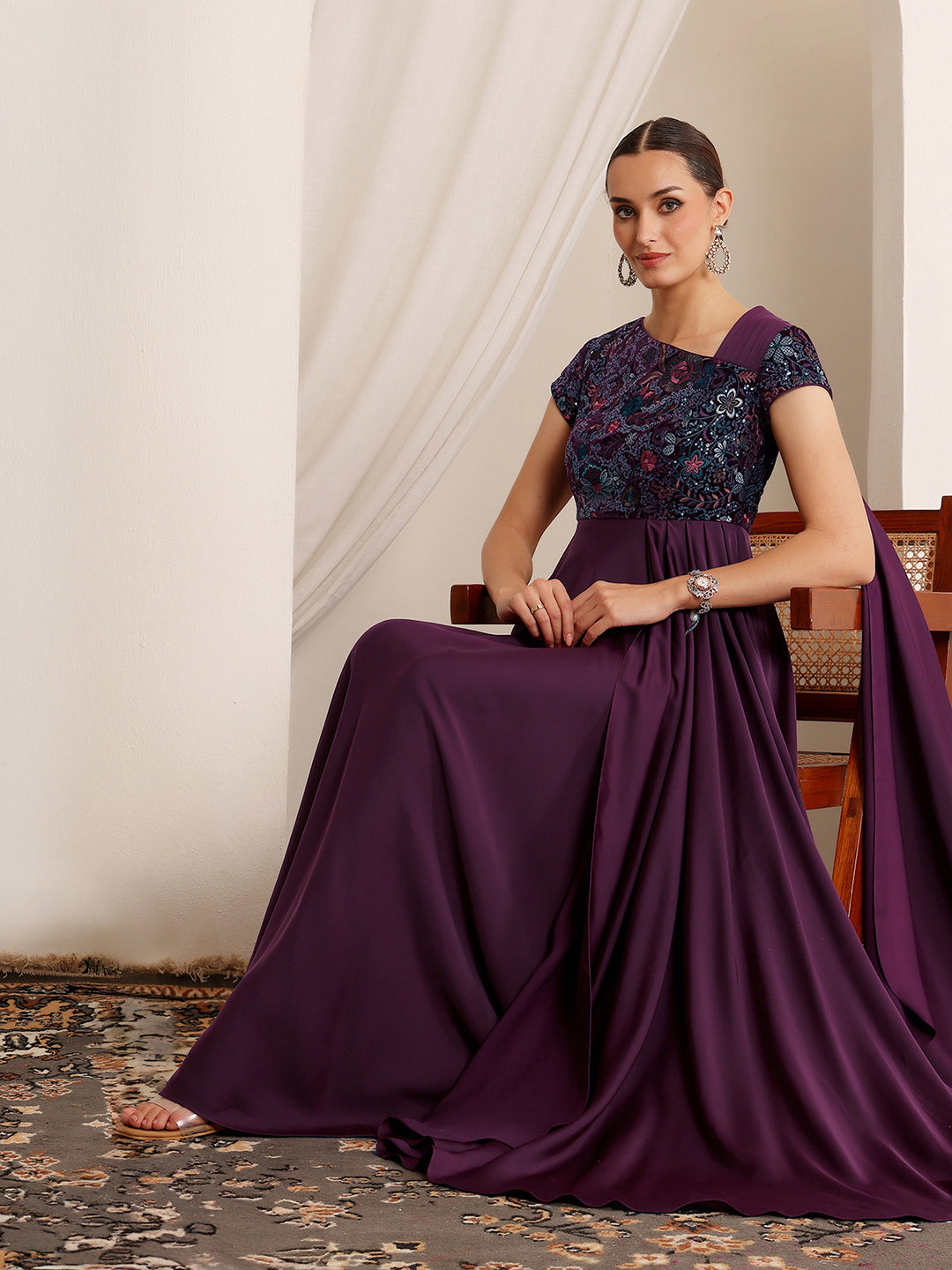 Women's Purple Asymmetric Short Sleeve Embroidered Draped Satin Maxi Dress