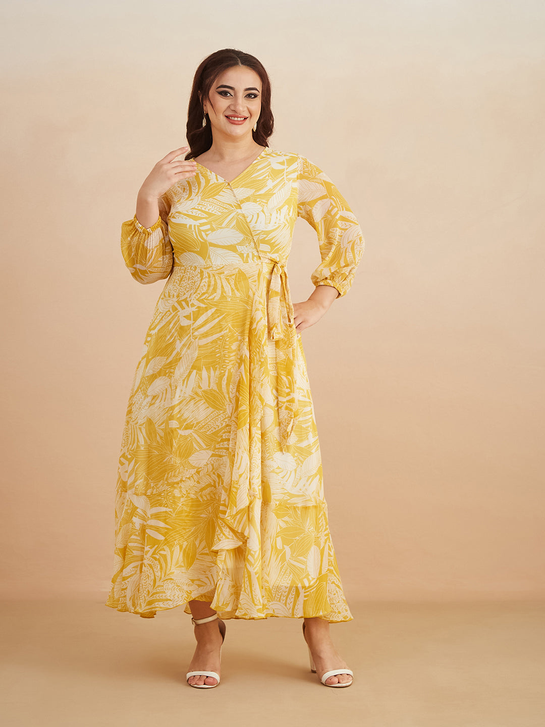 Yellow & White V neck Full sleeve Floral Layered Maxi Dress for Women