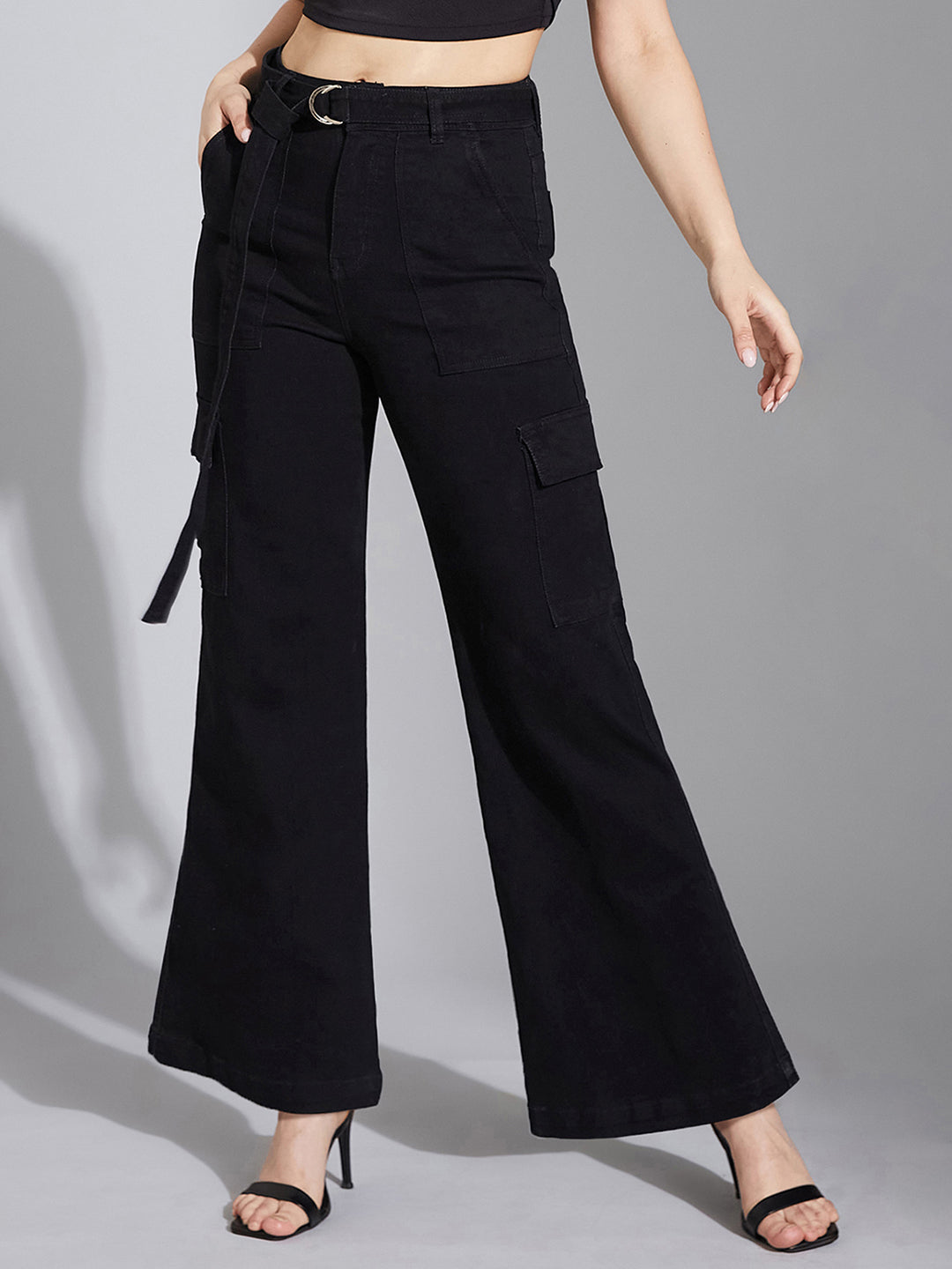 Women's Black Wide-Leg High-Rise Clean-Look Regular Stretchable Denim Jeans