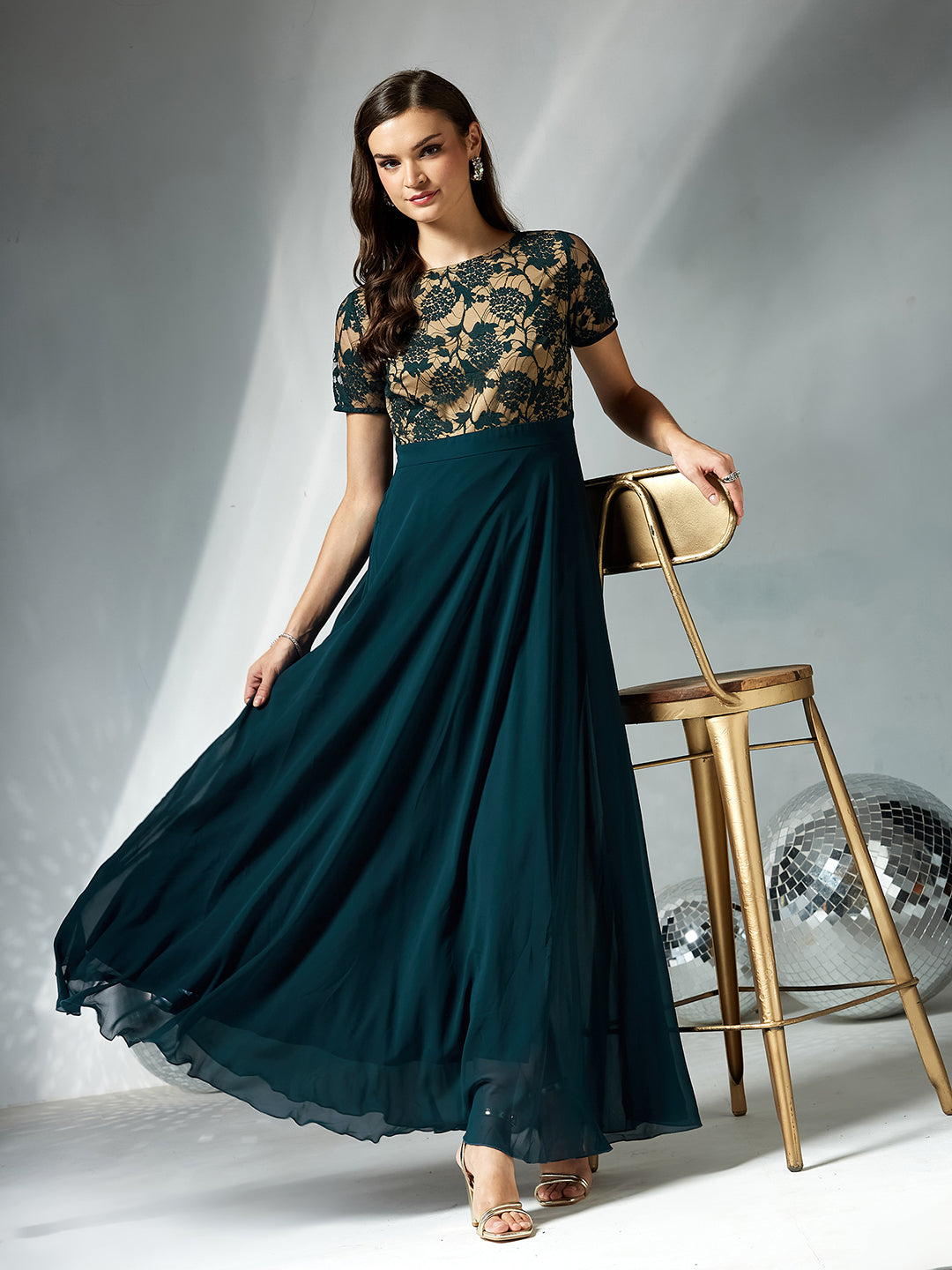 Women's Teal Round Neck Half Sleeve Self Design Fit & Flare Georgette Maxi Dress