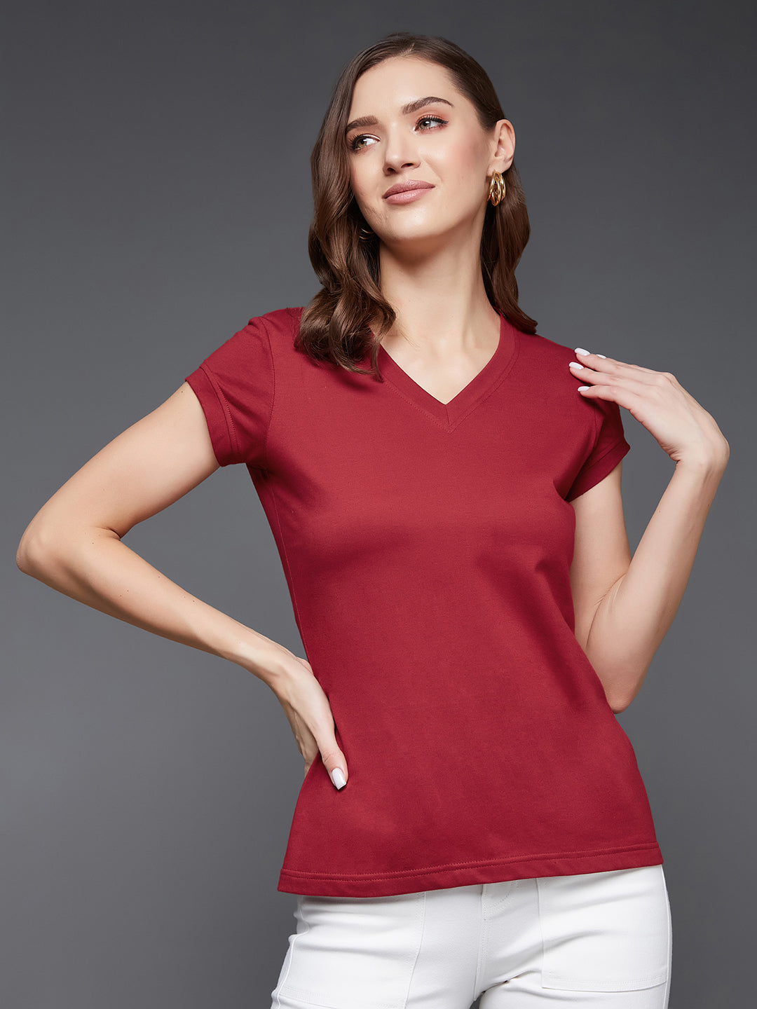 Women's Maroon V-Neck Short Sleeves Cotton Solid Top