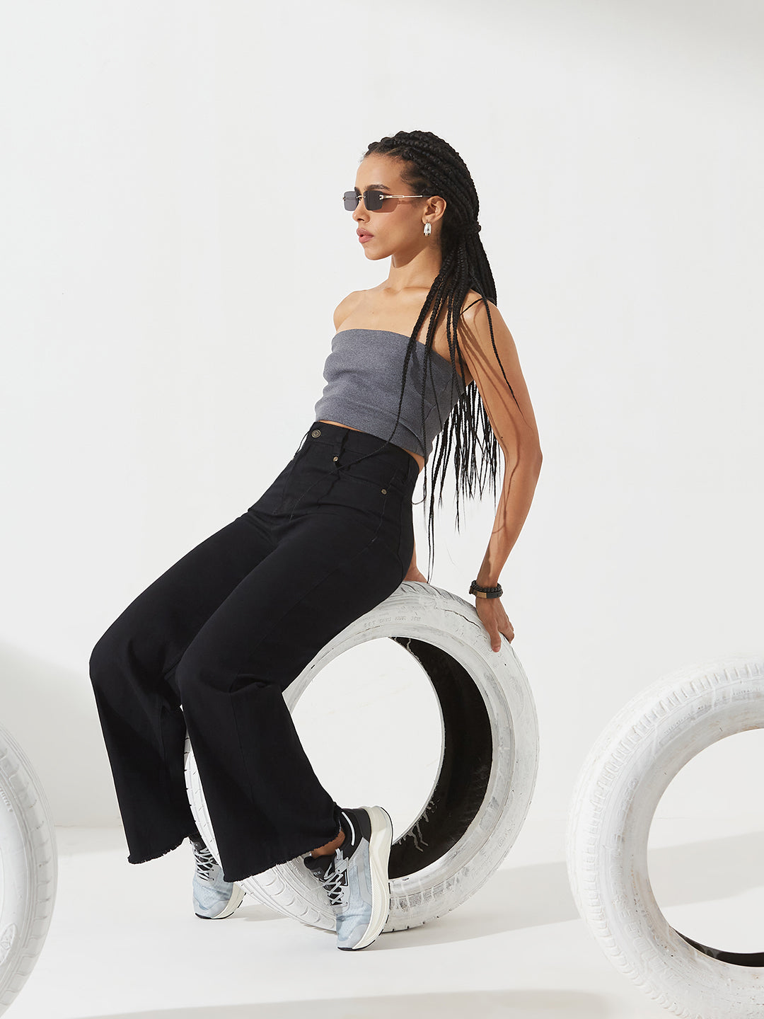 Black High-Rise Stretchable Wide Leg Denim Jeans For Women