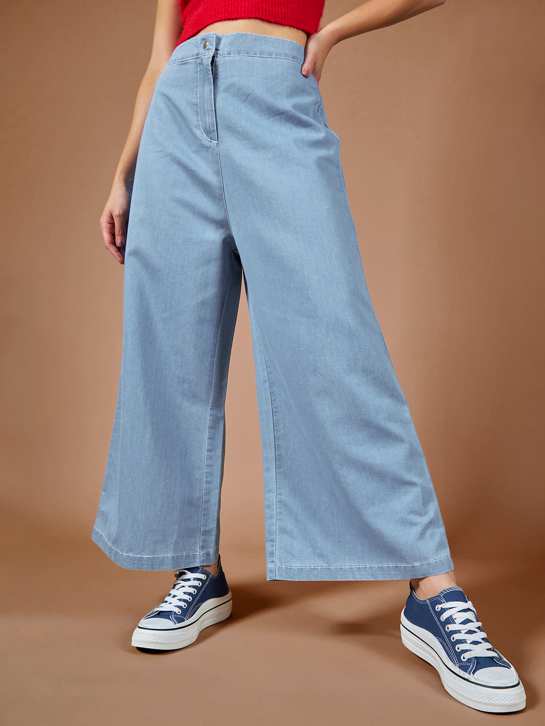 Women's Blue Wide-Leg High Rise Clean Look Regular Length Denim Pants