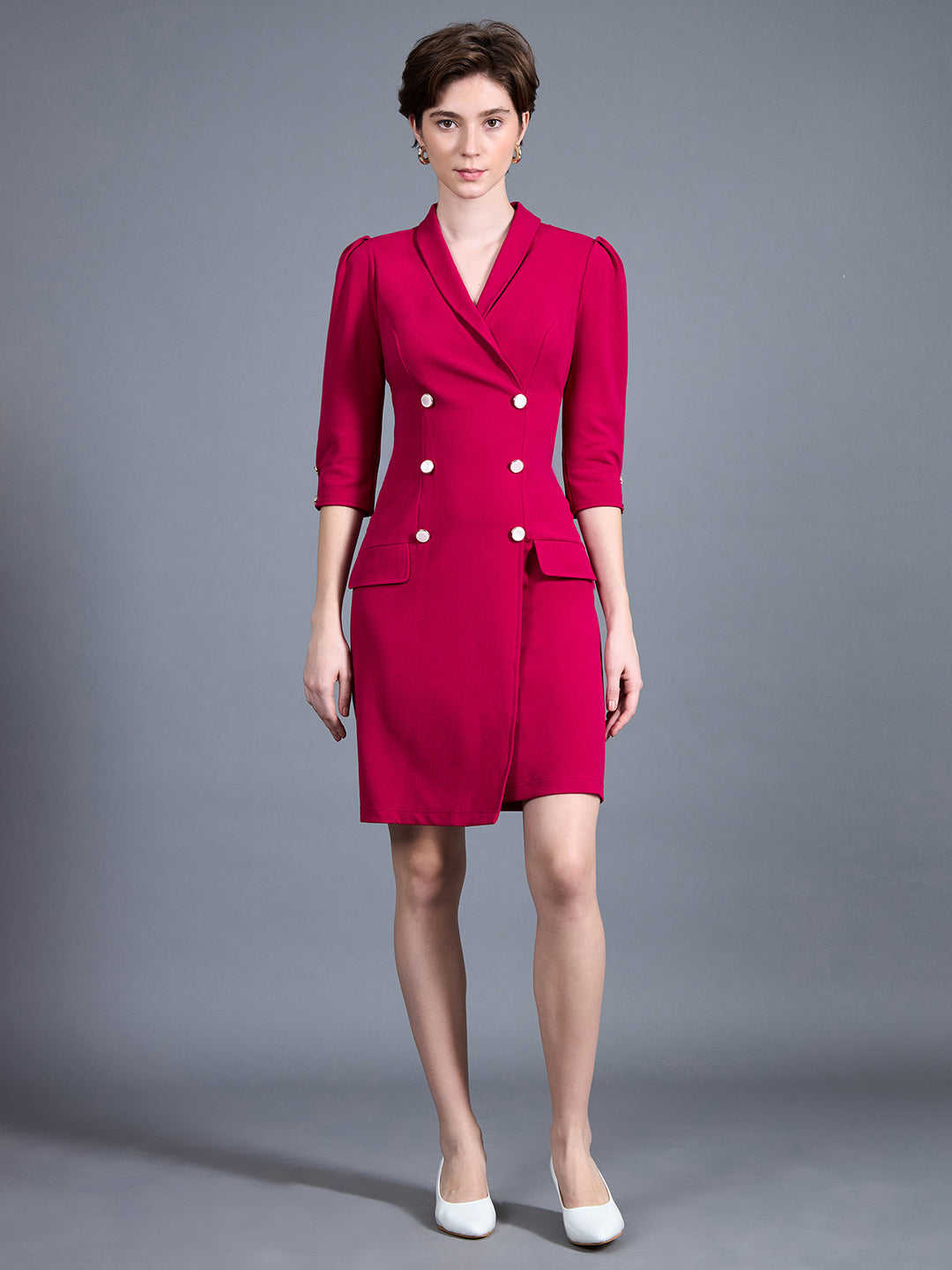 Women's Dark Pink V-neck 3/4 Sleeve Solid Double Breasted Blazer Knee-Long Polyester Dress