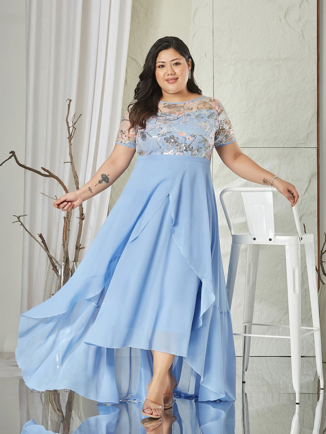 Sky Blue Round Neck Short Sleeve Floral Layered Georgette Midi Dress for Women
